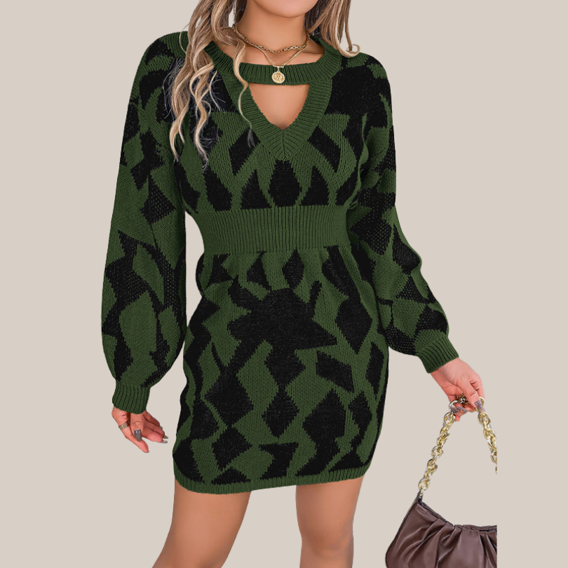 Lenna | Gebreites Kleid mit V-Ausschnitt und geometrischem Muster