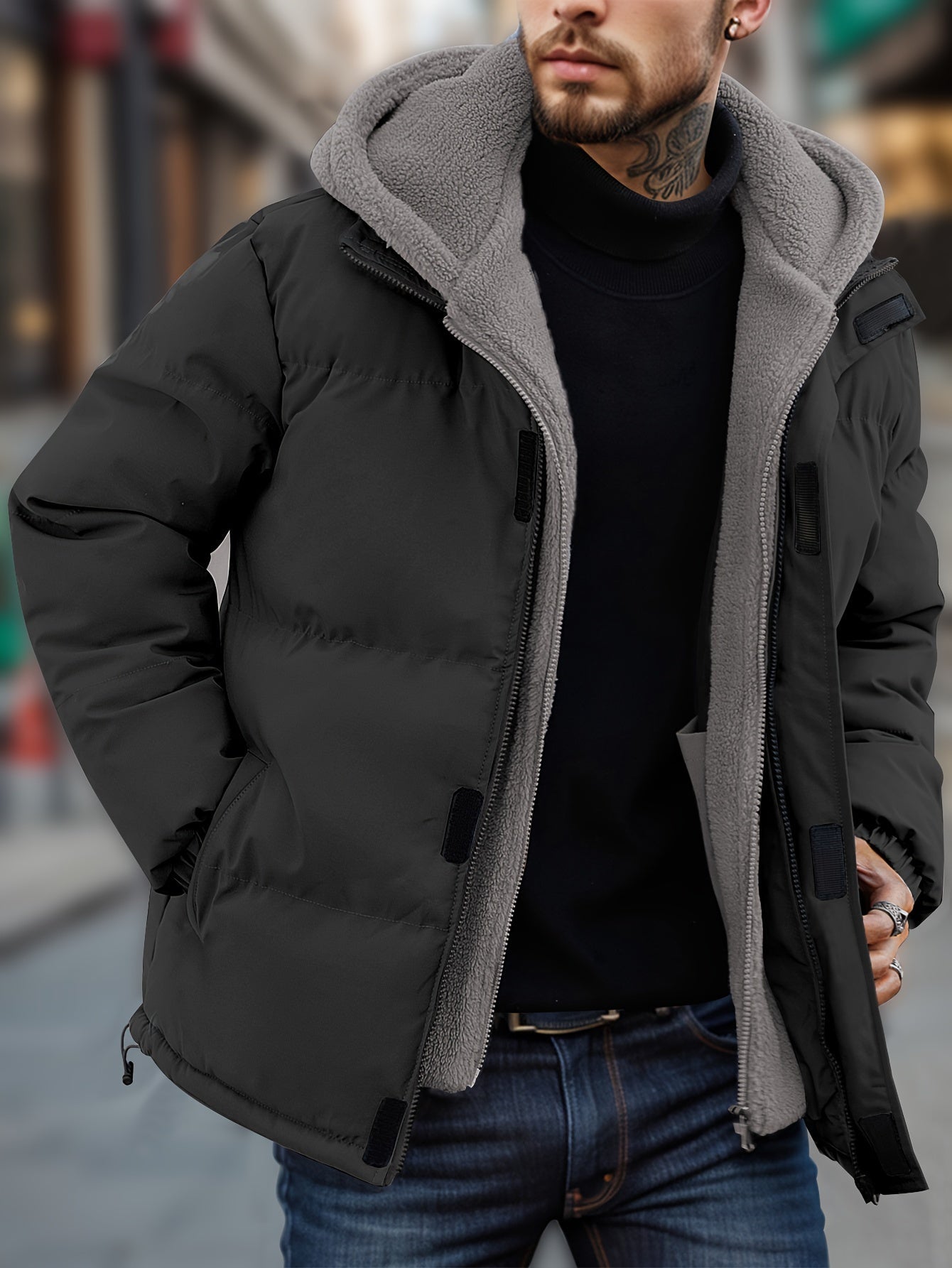 Lässige Kapuzen-Daunen-Steppjacke mit Taschen für Herren | Ideal für den Winter