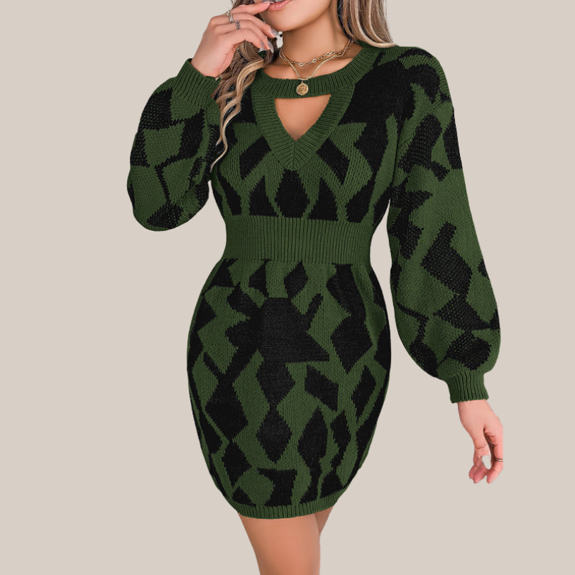 Lenna | Gebreites Kleid mit V-Ausschnitt und geometrischem Muster