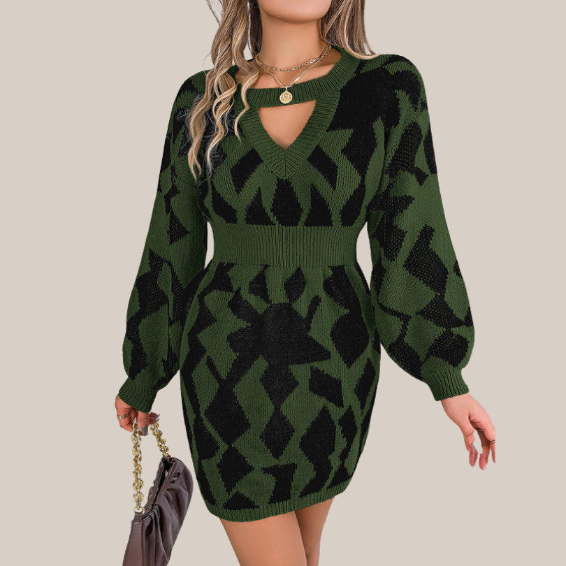 Lenna | Gebreites Kleid mit V-Ausschnitt und geometrischem Muster
