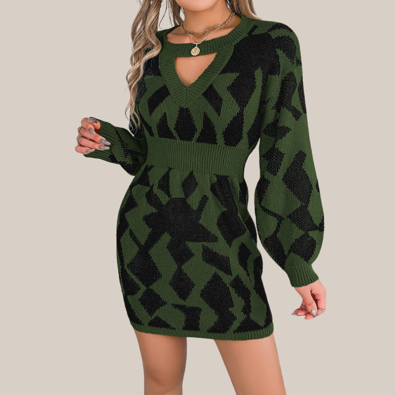 Lenna | Gebreites Kleid mit V-Ausschnitt und geometrischem Muster