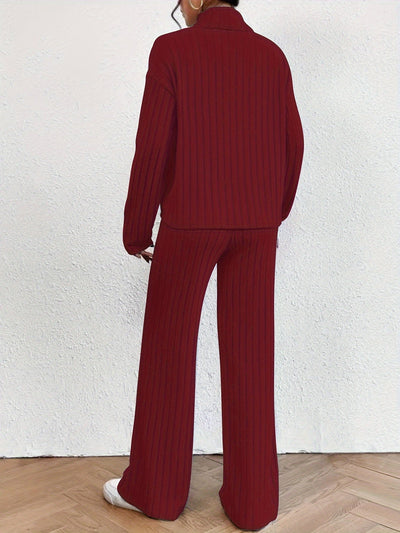 Lässiges Rippstrick Mock Neck Top und Weite Hose Set für Damen | Ideal für Active Wear