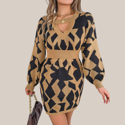 Lenna | Gebreites Kleid mit V-Ausschnitt und geometrischem Muster