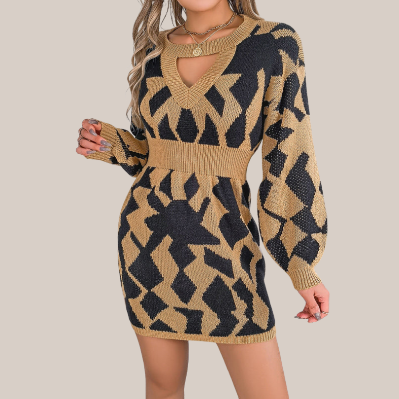 Lenna | Gebreites Kleid mit V-Ausschnitt und geometrischem Muster
