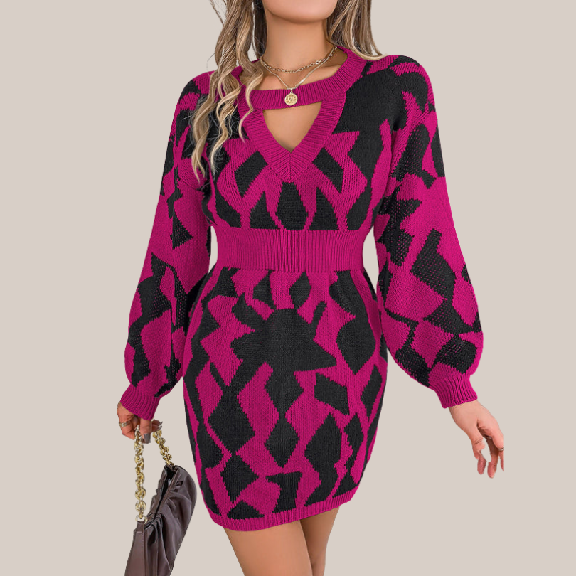 Lenna | Gebreites Kleid mit V-Ausschnitt und geometrischem Muster