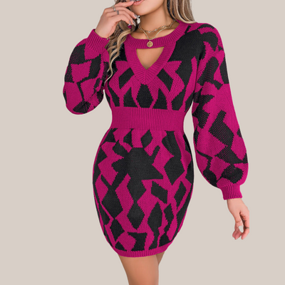 Lenna | Gebreites Kleid mit V-Ausschnitt und geometrischem Muster