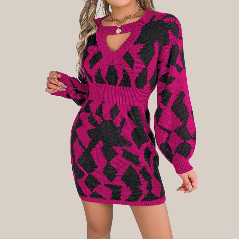 Lenna | Gebreites Kleid mit V-Ausschnitt und geometrischem Muster