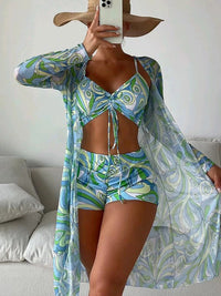 Catherine – 3-teiliges Bikini-Set mit Langarm-Cardigan für den Sommerstrand in Blau