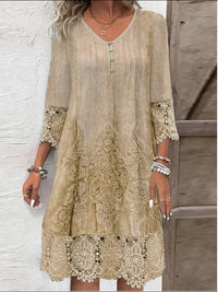 Nora | Damen Boho Blumen-Tunika Kleid mit Spitzenärmeln in Khaki