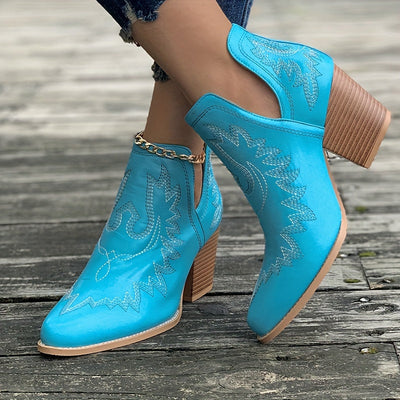 Estika | Damen Westernstiefel mit Blockabsatz und Retro-Stickerei