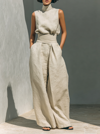 Alena | Damen Set Bluse Ärmellos Weite Hose Sommer Leicht Casual in Khaki