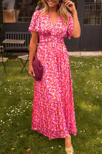 Lange Damenrobe | Buntes Blumenmuster | Tailliert & Fließender Schnitt Sommer in Rosa