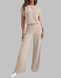 Paula | Damen Rippstrick-Set Kurzarm Top Weite Hose Casual in Aprikose