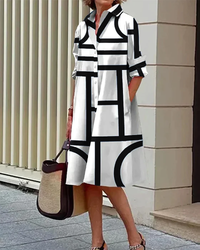 Elegantes Kleid mit geometrischem Muster für Frauen | Midi in Schwarz