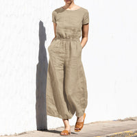 Gerader Jumpsuit mit Falten am Revers ohne Gürtel - Nora in Khaki Kurzarm