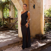 Claudia | Damen Ein-Schulter Kleid Asymmetrischer Schlitz Modern Festlich in Schwarz