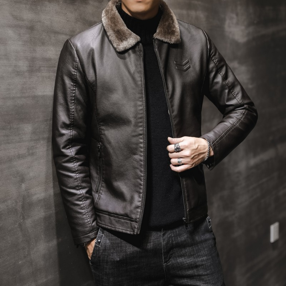 Warme Vegane Lederjacke mit Fleece Fellkragen für Herren | Ideal für den Winter
