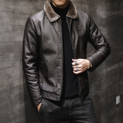 Warme Vegane Lederjacke mit Fleece Fellkragen für Herren | Ideal für den Winter