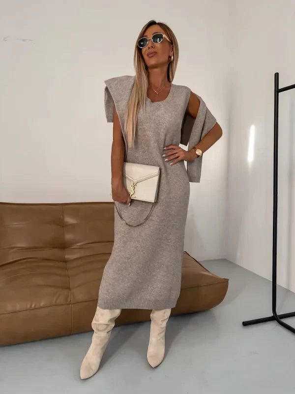Minsanda | Midi-Kleid und Bluse mit hohem Kragen Set