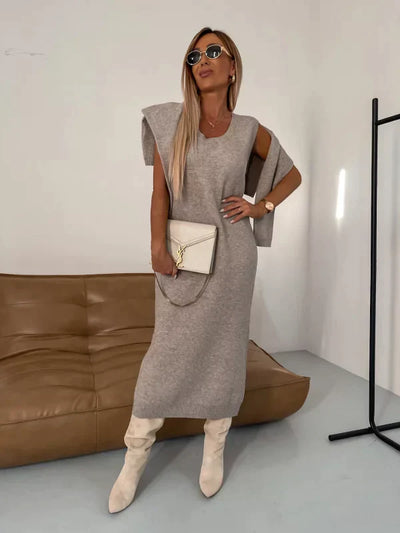 Minsanda | Midi-Kleid und Bluse mit hohem Kragen Set