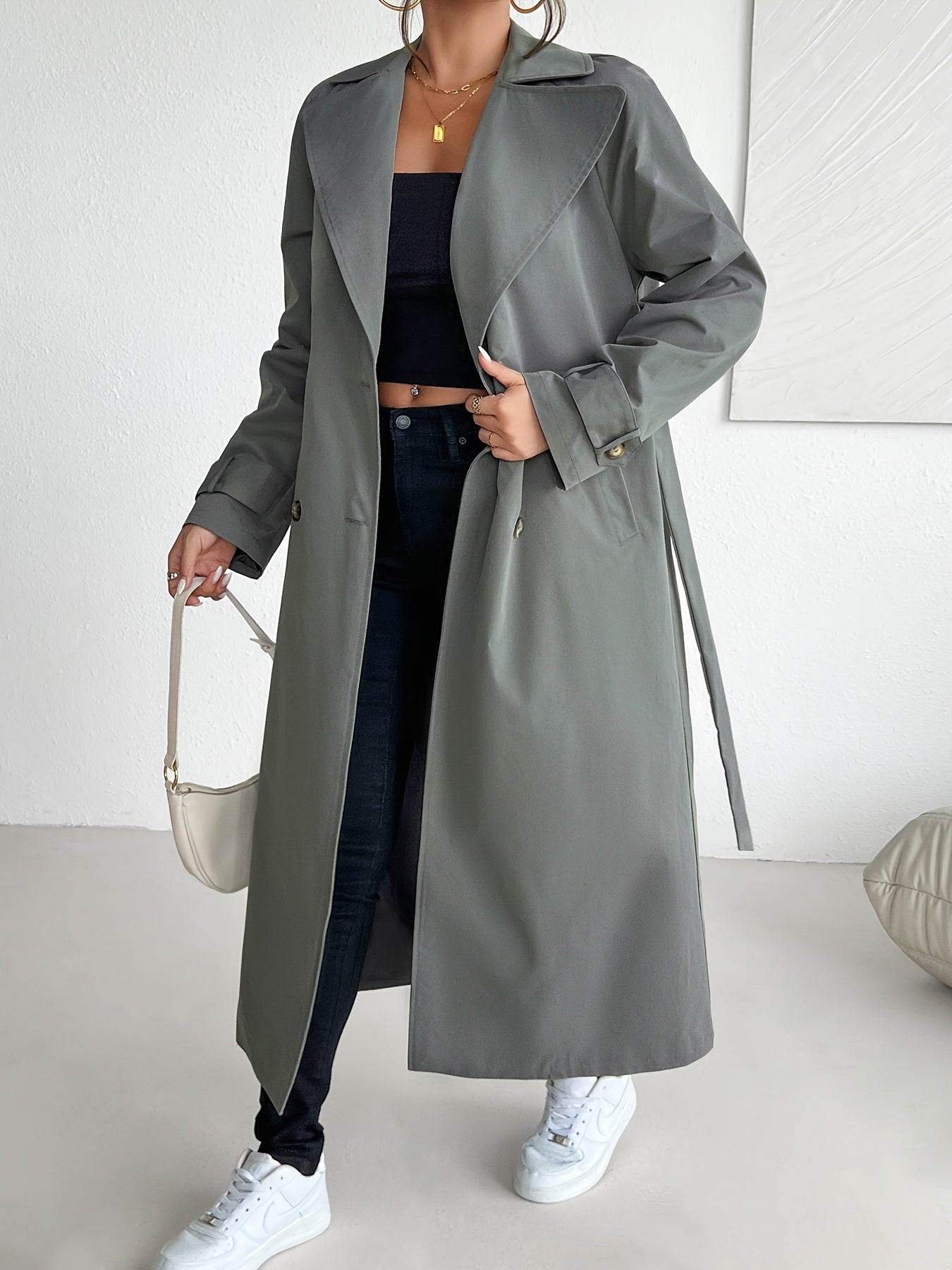 Lässiger Einfarbiger Dunkelgrauer Gürtel Trenchcoat für Damen | Ideal für den Winter