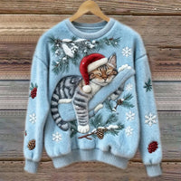 Elisabetta – Plüschpullover Mit Fauler Katze in Blau