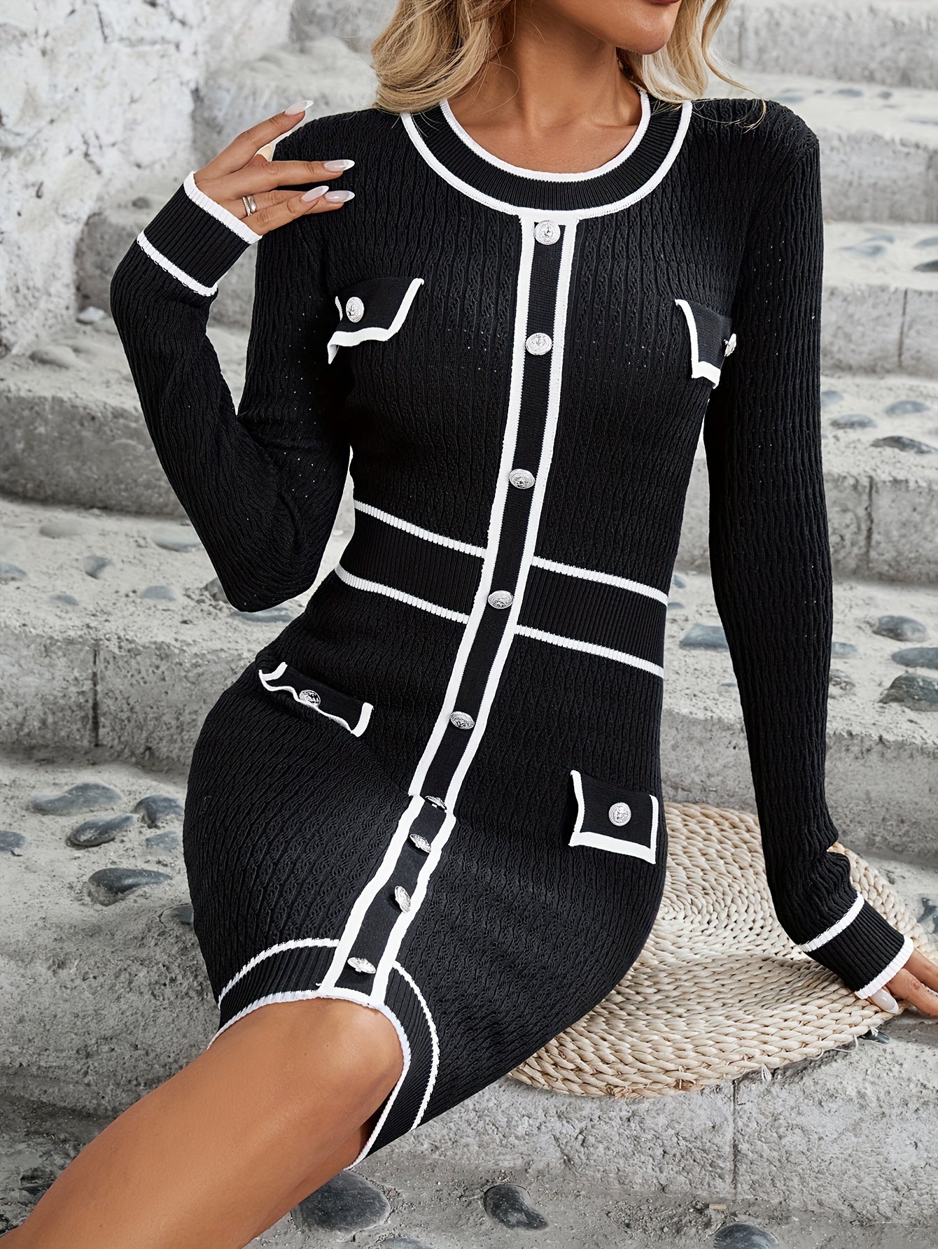 Elegantes Langarm Crew Neck schwarzes Kleid für Damen | Ideal für den Sommer