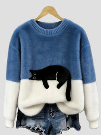 Luna | Damenpullover mit Katzenmotiv in Blau