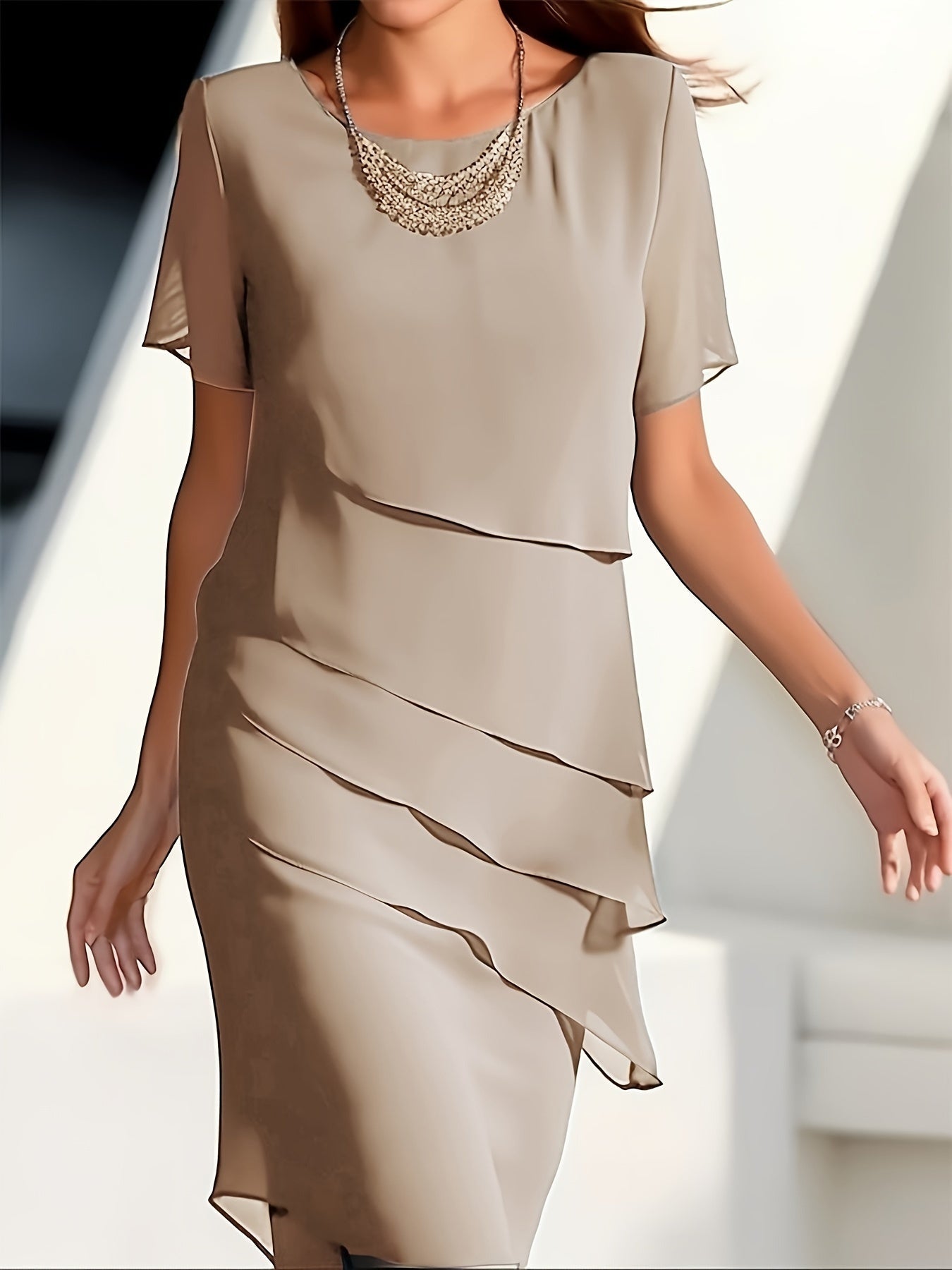 Stilvolles Kleid mit Schichtverzierungen, Rundhalsausschnitt und kurzen Ärmeln für Damen | Ideal für den Sommer