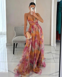 Lange Blumenmuster Kleid mit Verstellbaren Trägern für Frauen | Ideal für Sommer und Besondere Anlässe in Orange