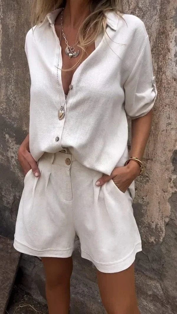 Pauline - Baumwolle Leinen Damenbluse mit Kurzem Set