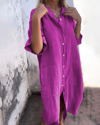 Ragnhild | Damen Boho Hemdbluse Midikleid Knopfleiste Locker Casual in Violett