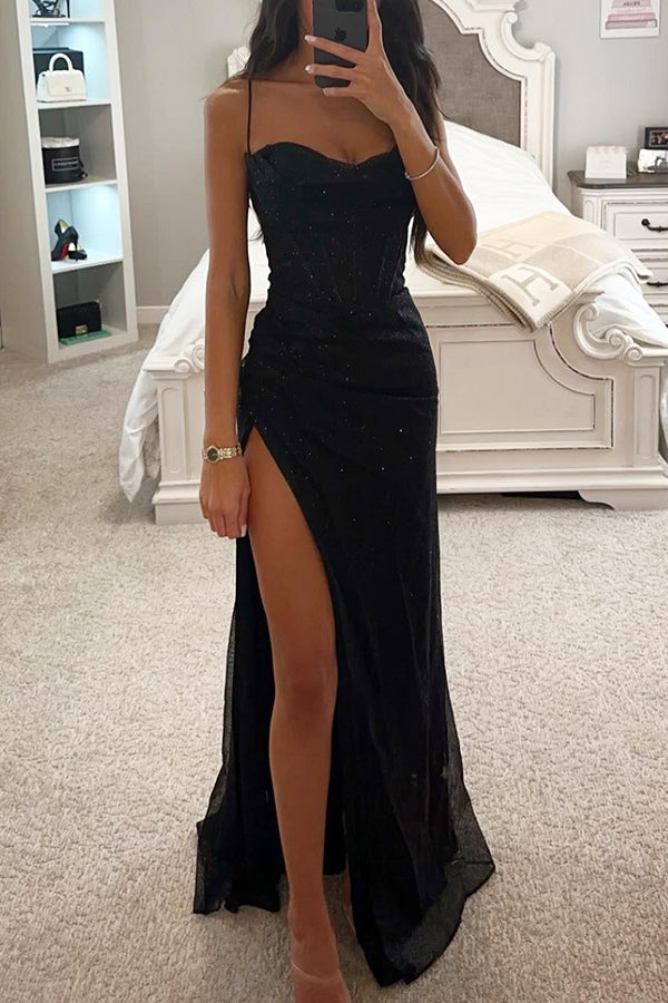 Fudus | Maxikleid Mit Pailletten Für Romantische Anlässe, Runder Ausschnitt, Korsett und Schlitz