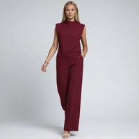 Émilie | Damen Set Jumpsuit Kurzarm Hoher Kragen Weit Modern Sommer in Rotwein