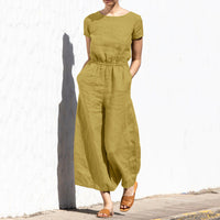 Gerader Jumpsuit mit Falten am Revers ohne Gürtel - Nora in Gelb Kurzarm