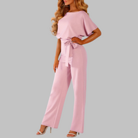 Amber | Damen Overall Fledermausärmel Bindegürtel Weites Bein in Rosa