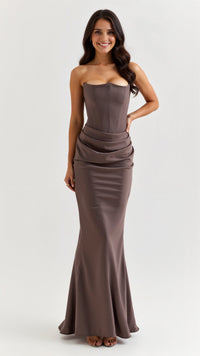 Claudette | Damen Korsett Maxikleid Hochzeitsgast Festlich Elegant Taille in Karamell