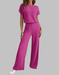 Paula | Damen Rippstrick-Set Kurzarm Top Weite Hose Casual in Rosarot