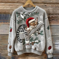 Elisabetta – Plüschpullover Mit Fauler Katze in Grau