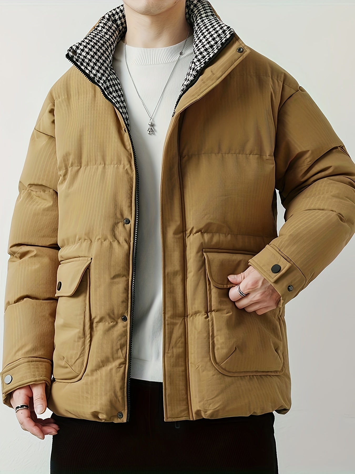 Warme Baumwoll-Steppjacke mit Bandkragen und Reissverschluss für Herren | Ideal für den Winter
