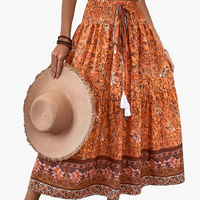 Damen Boho Lange Blumige Elegante Sommermode Rock mit Taschen in Orange