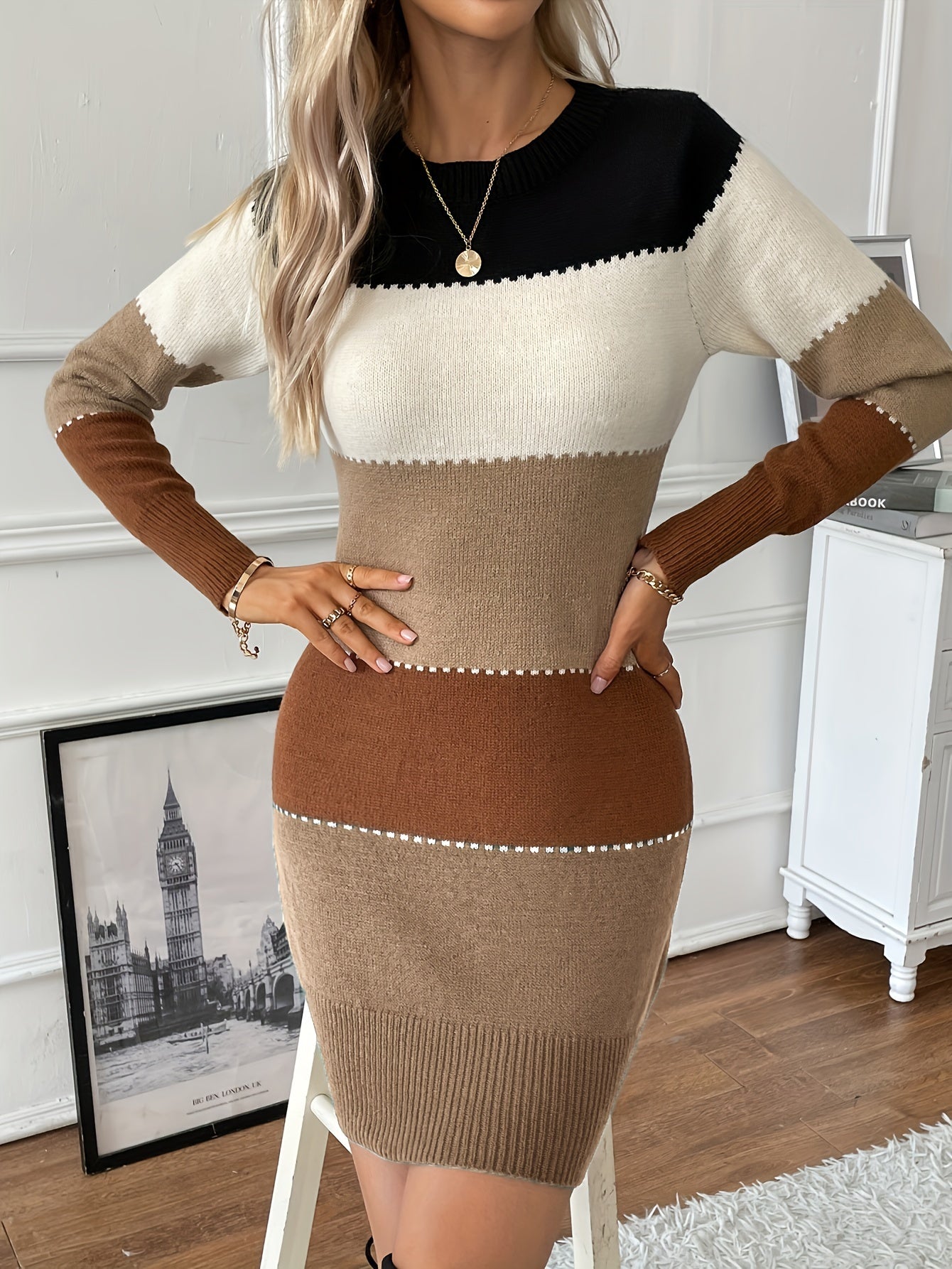 Stilvolles Baumwollkleid mit Farbblock-Design, langen Ärmeln und Rundhalsausschnitt für Damen | Ideal für den Sommer