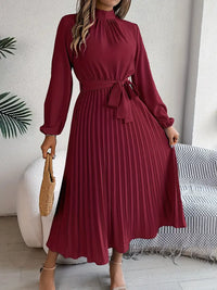 Damen Langarm Falten Kleid mit Gürtel in Bordeaux