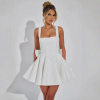 Nina - Damen Abendkleid mit ausgestelltem Mini und Schleife in Weiß