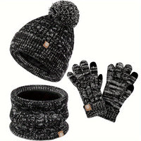 3-teiliges Winterset für Damen mit Mütze, Schal und Handschuhen in Schwarz und Weiß