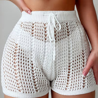 Ajour Kurze Hose mit hoher Taille für Damen, schicke und lässige Strandmode für Urlaub und Freizeit in Weiß