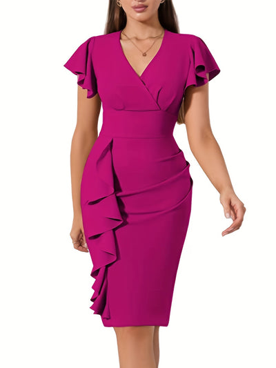 Lässiges Baumwollkleid mit Rüschen-Saum, V-Ausschnitt und kurzen Ärmeln für Damen | Ideal für den Sommer