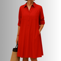 Emilia | Damen Elegantes Hemdblusen Knopf Midikleid in Rot