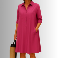 Emilia | Damen Elegantes Hemdblusen Knopf Midikleid in Rosa