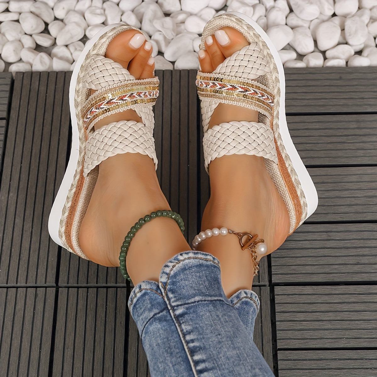 Lavore | Beige Orthopädische Sandalen mit stilvollem Flechtdesign